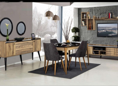 Zwart-bruine eetkamerset Eettafel 4x stoelen Dressoir Spiegel 8-delig